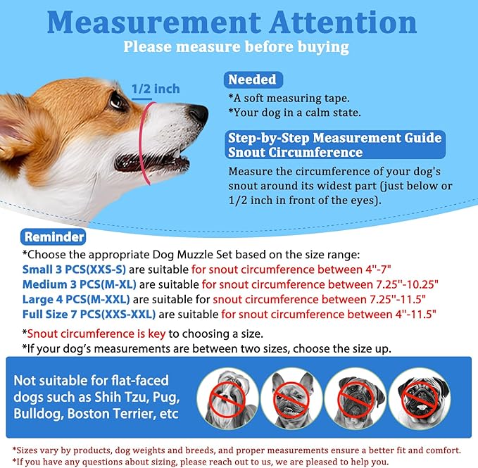 LUCKYPAW Dog Muzzle Suits for Small Medium Large Dogs, Mesh Muzzle Anti Biting Chewing, Breathable Mouth Cover Set with Adjustable Strap for Grooming Vet Visiting Training (7 PCS(XXS-XXL), Grey)