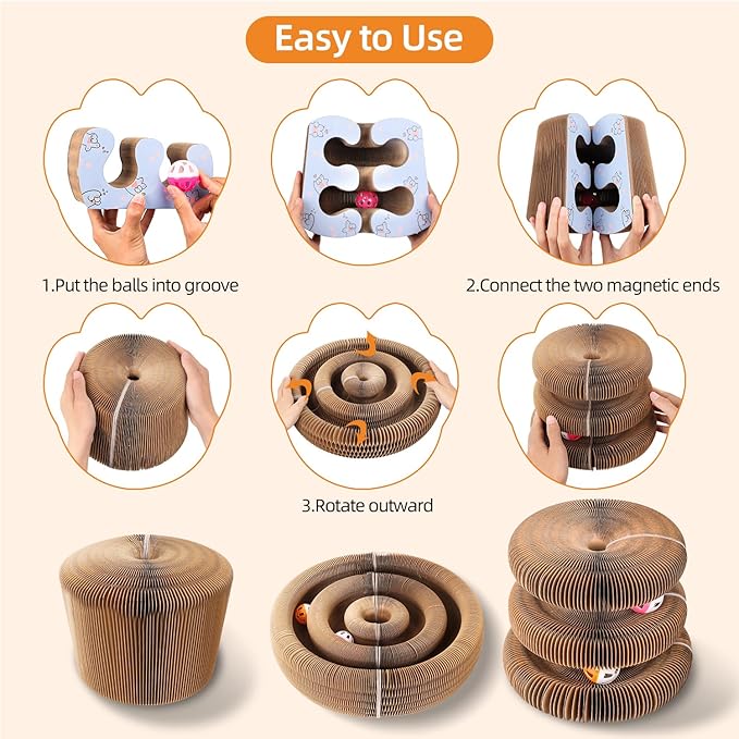 Upgraded Double Layer Curls Cardboard Cat Toy, Magic Organ Cardboard Cat Scratcher with Cat Toy Ball Track for Kitten Kitty, Foldable Accordion Interactive Cats Ball Toy for Indoor Cats