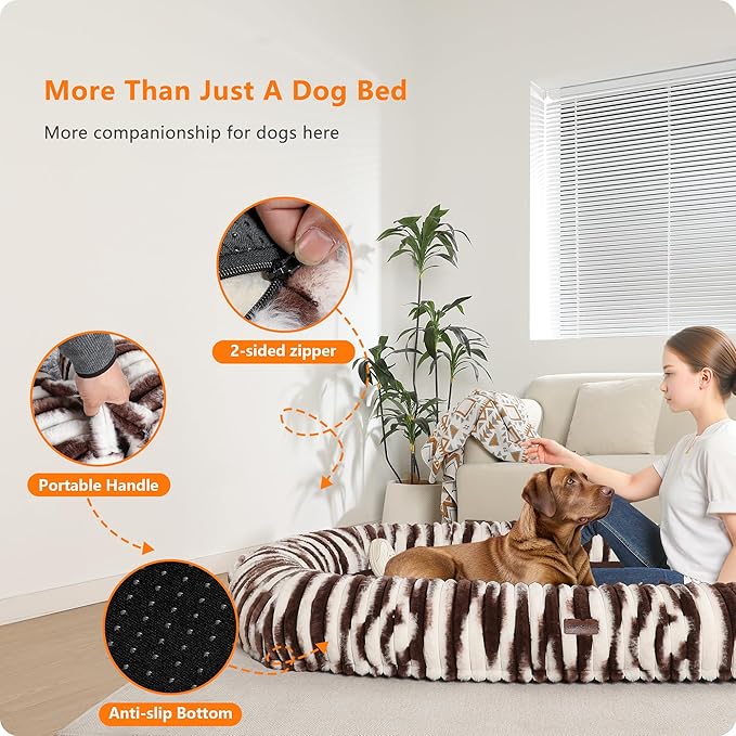 Human Dog Bed for Adult, Reversible Orthopedic Gel Memory Foam Cushion, Washable Corduroy Fleece, Plump Edge with Blanket, Storage Pocket, Strap, 71"x47.2"x9", Extra Large, Tie-dye Brown