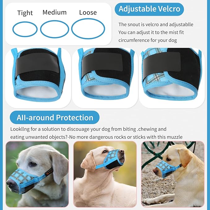 HEELE Dog Muzzle,Soft Nylon Muzzle Anti Biting Barking Chewing,Air Mesh Breathable Drinkable Adjustable Loop Pets Muzzle for Small Medium Large Dogs 4 Colors 4 Sizes (P-Blue Plaid, M)