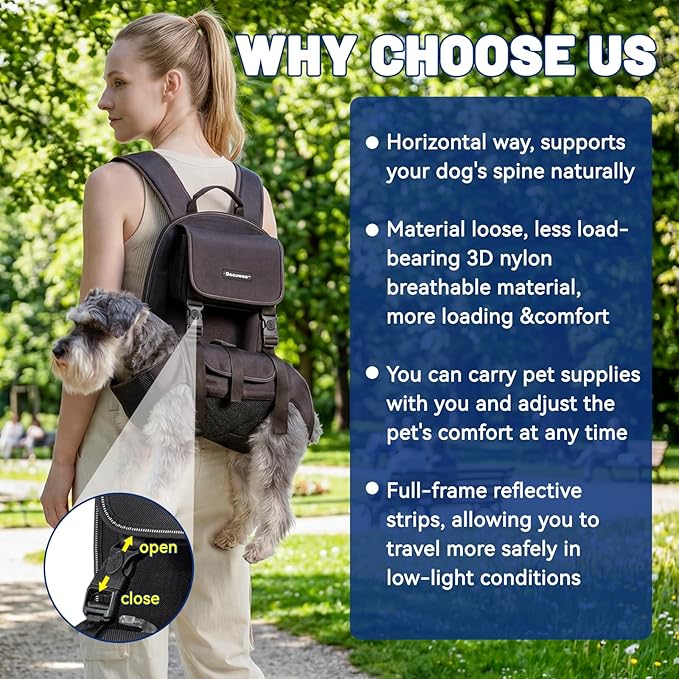 Dog Backpack, 3 Use Ways Spine-Friendly Dog Carriers for Small Medium Dogs, Legs Out Pet Carrier with Safety Straps, Buckle Support, Comfort for Travel, Hiking, Biking, Medium