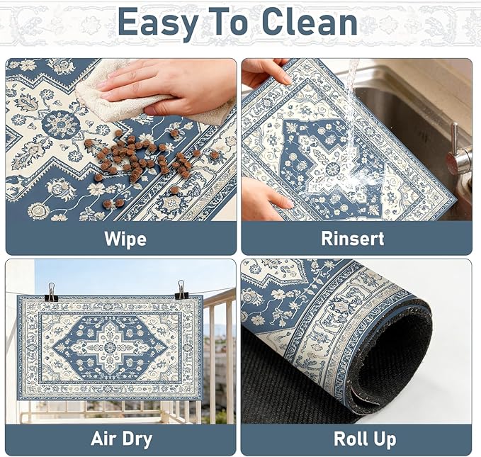 Pet Mats for Food and Water, Vintage Blue Boho Dog Food Mat for Floors, Non Slip Indoor Quick Dry Cat Bowl Feeding Mats (15.7” X23.6”)