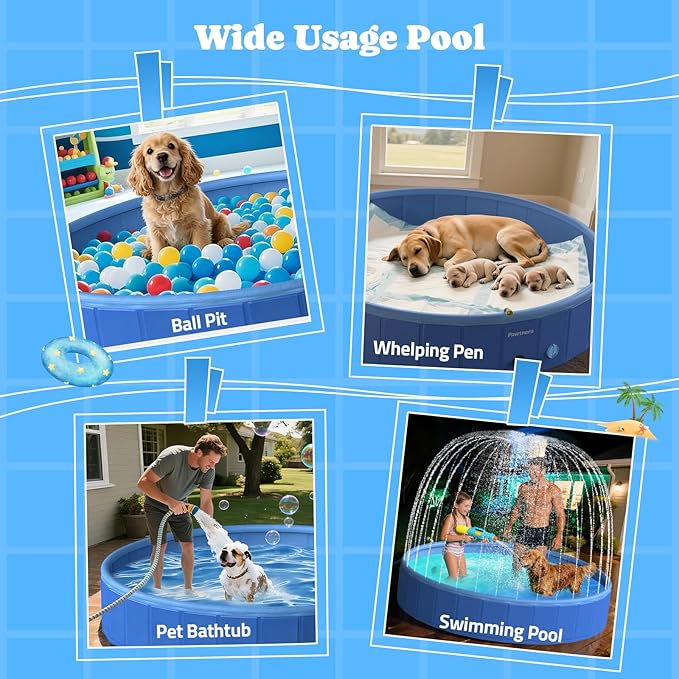 Pawtners 63" Foldable Dog Pool with Sprinkler & RGB LED Light, Collapsible Hard Plastic Swimming Pool for Small Large Dogs Cats and Kids, Portable Pet Bathing Tub Wading Pool for Backyard Camping Blue