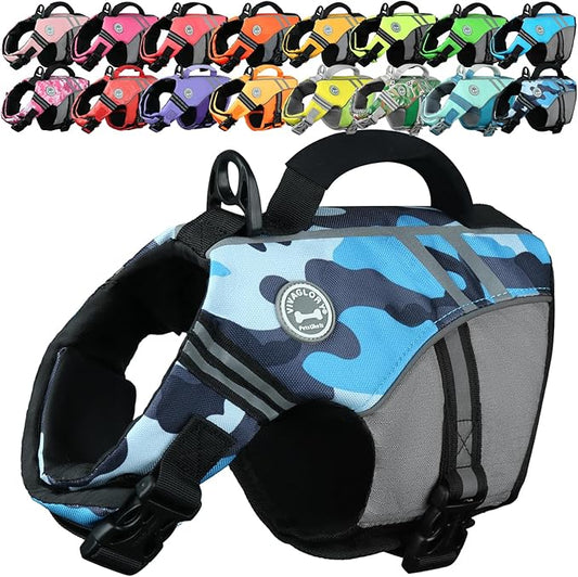VIVAGLORY Sports Style Dog Life Vest, Dog Life Jacket for Swimming & Boating, Ripstop & Buoyancy for Puppy Doggy, Lifejacket with Handle, XS, Camo Blue