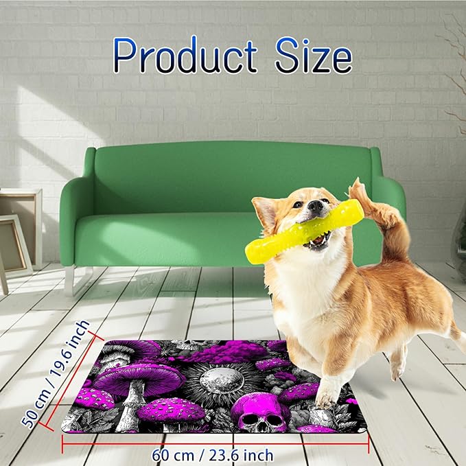 Dog Food Mat, 19.6" x 23.6" Absorbent Pet Feeding Mat for Food and Water, Waterproof Diatom Mud Pet Placemat with Non-Slip Rubber Backing, Cat Bowl Mat for Floors - Purple Mushroom Skull