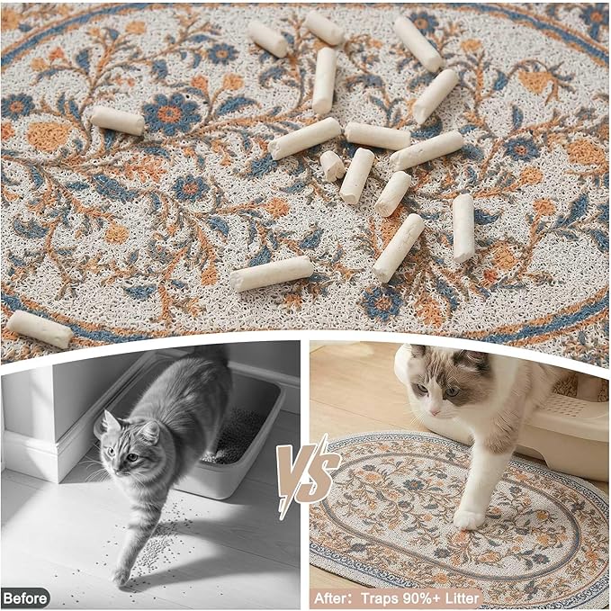Bienbee Cat Litter Mat, 33" x 22" Large Size Litter Box Mat Rug with Non-Slip Bottom,Urine and Water Proof, Easy to Clean Cat Supplies Essentials for Indoor Kitty Kitten Floor,White Flowers L