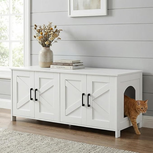 Homhedy Cat Litter Box Enclosure for 2 Cats, Litter Box Furniture Hidden with Double Room,Wooden Cat Washroom Furniture,Cat House,47.2”L x 19.7”W x 19.7”H,White