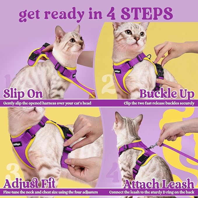 rabbitgoo Cat Harness and Leash Set, Escape Proof Kitten Harness for Safe Outdoor Walks, Soft Breathable Adjustable Vest with Reflective Strips for Kittens and Extra Small Cats, Purple & Yellow, XXS
