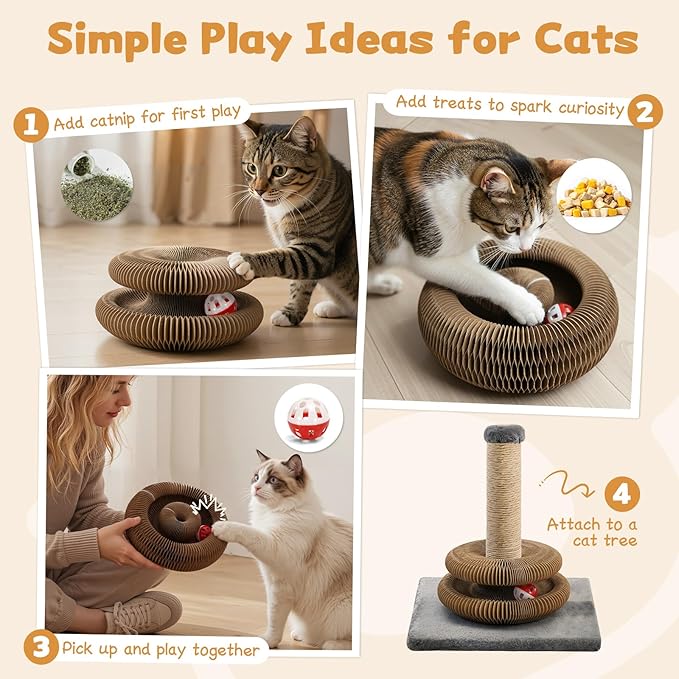 2Pcs Magic Organ Cat Scratcher Cardboard, Foldable Scratching Board, Interactive Cat Toy with Bell Ball, Corrugated Cardboard Scratch Pad for Indoor Cats, Round