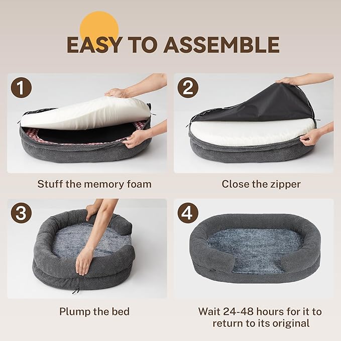 Orthopedic Dog Bed for Large Dogs, 43 Inches, Oval Pet Bed with Memory Foam, Removable Washable Cover, Bolstered Sides, Thick Supportive Cozy Puppy Bed for Sleeping, Gray
