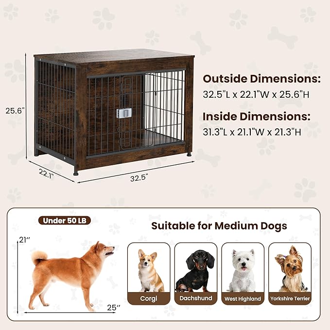 Wooden Dog Crate Furniture, 32in Dog Cage Furniture with Slide Safety Latch, Indoor Decorative End Table for High Anxiety Dogs, Furniture Style Dog Crate for Medium Dogs, Aged Black