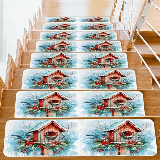 Animal Bird Bird House Stair Treads for Wooden Steps Indoor Washable Staircase Carpet 10PCS 30"x7.8" Stair Step Treads Non-Slip Staircase Covers Peel and Stick Safety Mat for Kids Elders Pets