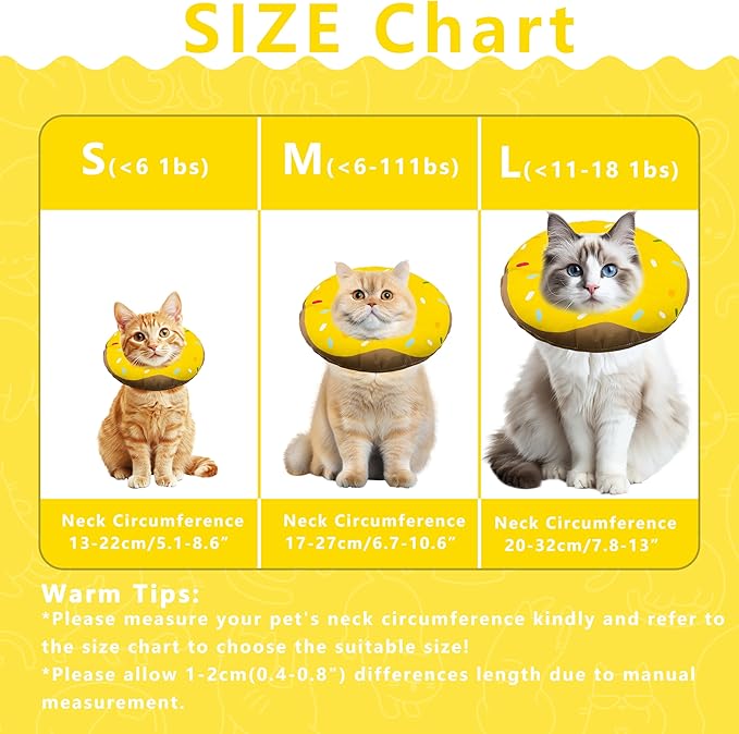 Seyezo Cat Cone Collar Soft, Adjustable Cat Recovery Collars Kitten Cones to Stop Licking, Cute Donut Collar After Surgery, Cats Neck Pillow Cone Elizabethan Cones of Shame (Waterproof Yellow, Medium)