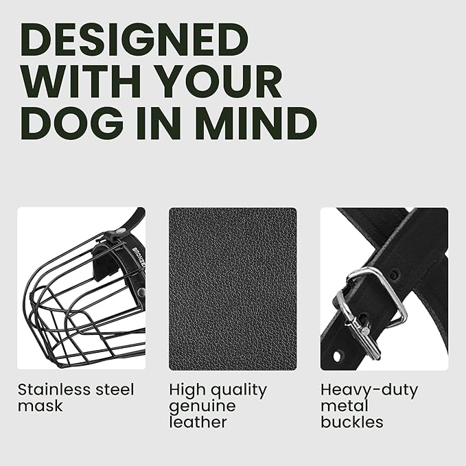 BRONZEDOG Pitbull Dog Muzzle Metal Mask Amstaff Wire Basket Pit Bull Adjustable Leather Straps for Large Dogs (Black)