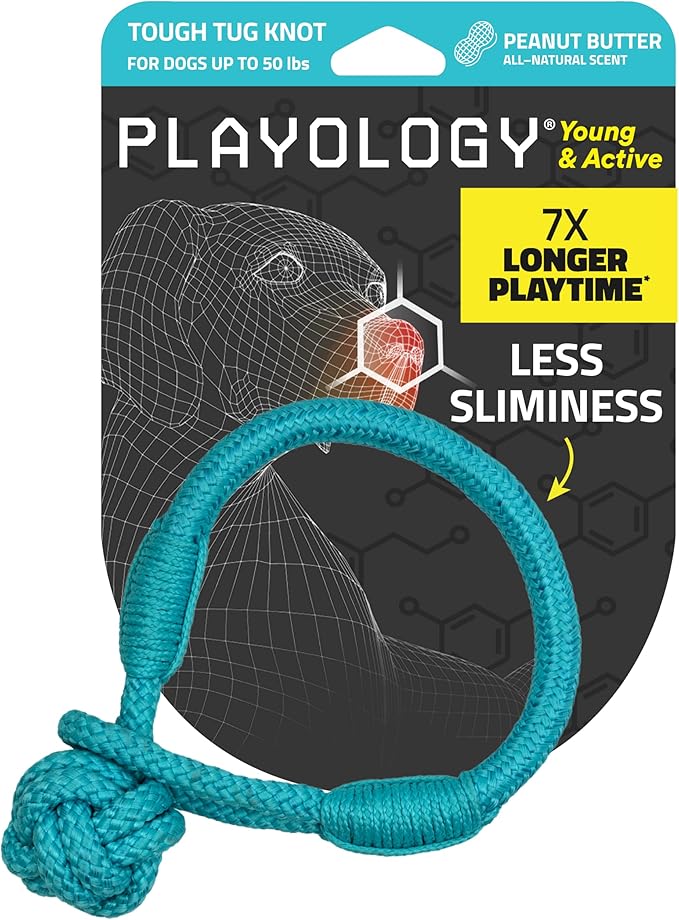 Playology Dog Toys | Tough Tug Knot for Puppies and Young Dogs | Peanut Butter Scented Medium Chew Toy Tug Rope | Tug of War Puppy Essentials