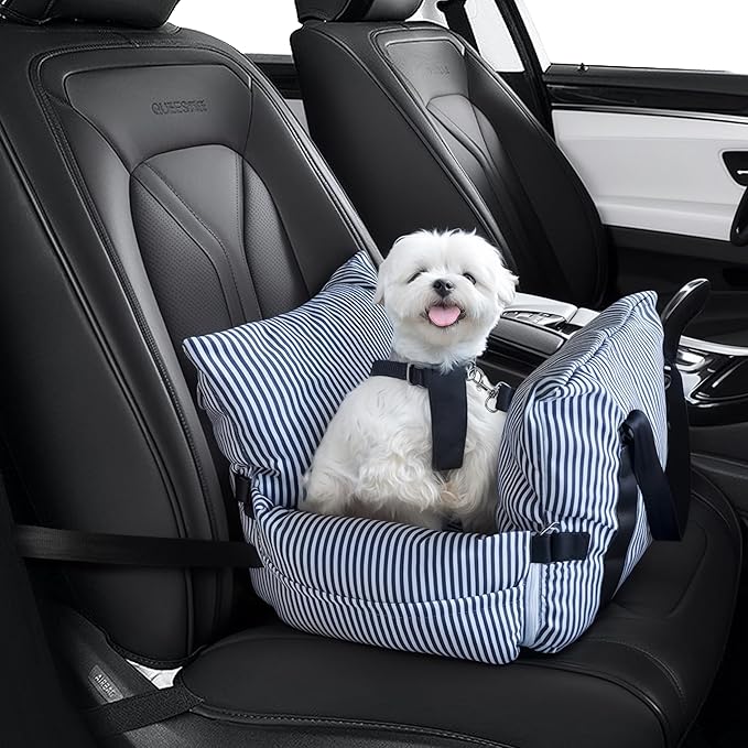 Versatile Dog Booster Car Seat Bed for Small Dogs Puppy Cats Pet Carrier with Side Pockets, Expandable Dog Bed for Auto, Blue Stripes