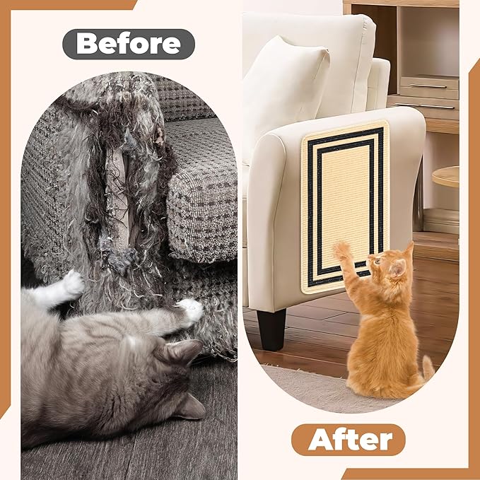 Cat Scratcher Mat, Natural Sisal Cat Scratch Pad, 23.6x15.7 Inch Horizontal Cat Floor Scratching Pads Rug with Hook & Loop to Protect Couch & Carpets & Sofas（Beige Black）