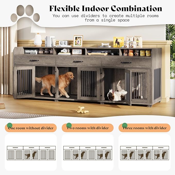 AMERLIFE 95" Large Dog Crate Furniture, Multi-Functional TV Stand with Storage Drawers & Removable Divider for Medium/Large Dogs, Grey