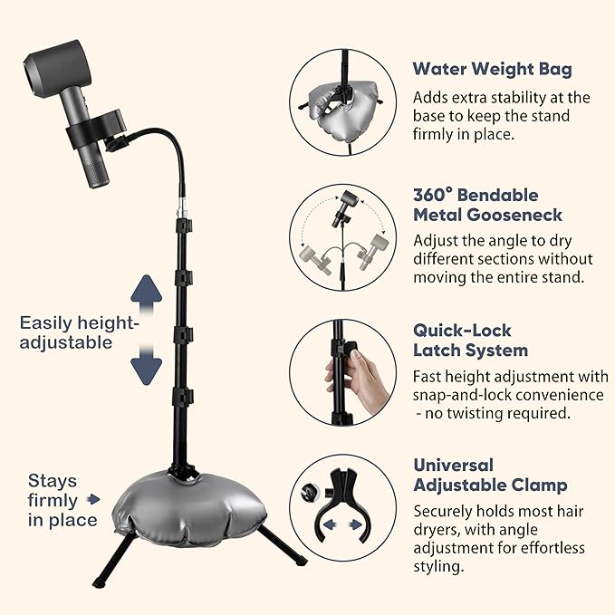 Hair Dryer Stand - 360° Rotating Universal Holder, 20-65 Inch Adjustable, Hands Free for Pain Relief & Multi-Tasking