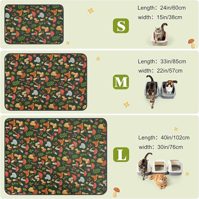 Unicorn Catcher 40X30in 2packCat Litter Mat Machine Washable Soft 3D Air Mesh Litter Box Rug Non-Slip Backing Quick Dry Scatter Control for Paws,Green Mushrooms