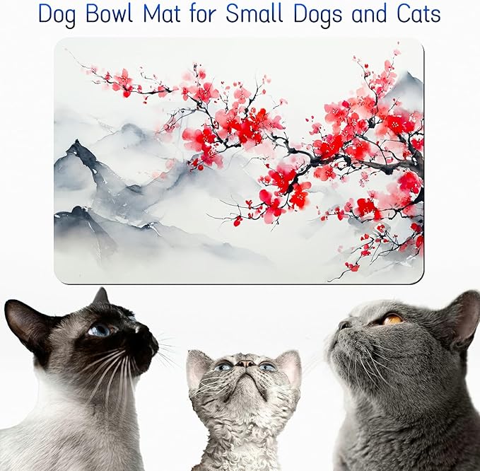 Dog Food Mat, 15.7" x 23.6" Absorbent Pet Feeding Mat for Food and Water, Waterproof Diatom Mud Pet Placemat with Non-Slip Rubber Backing, Cat Bowl Mat for Floors - Pink Flower Mountain Range