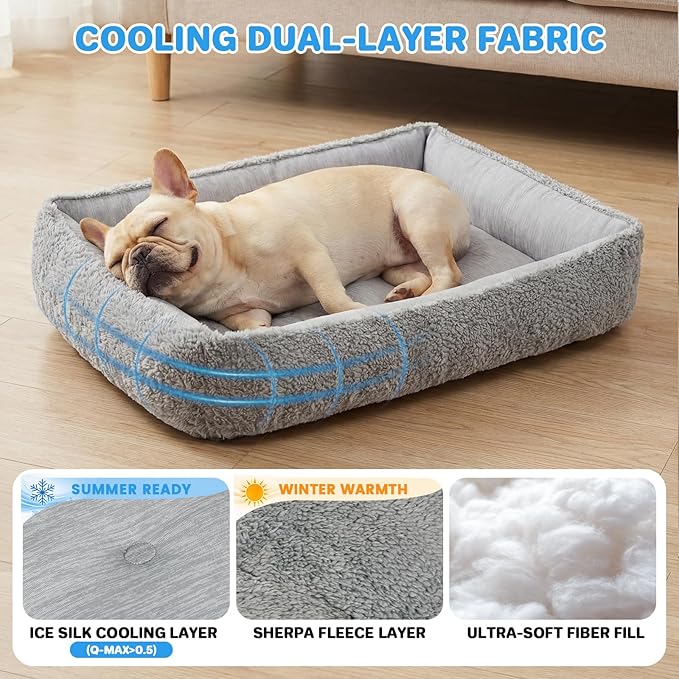 Cooling Dog Bed for Small Medium Dogs - Reversible Design (Ice‑Silk Cooling Layer | Sherpa Fleece Layer), Washable Cooling Mat for Dogs, Cats, Crates 24" × 15"