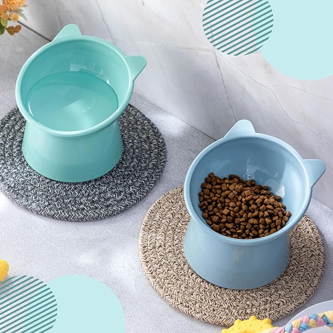 Zhehao 2 Pcs Elevated Cat Bowl Set, Tilted 15° Plastic Raised Food and Water Bowls Anti Vomit Pet Feeding Dishes for Indoor Cats/Small Dogs(Cat Ears,Light Green, Blue)