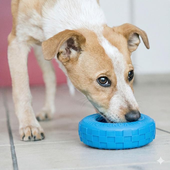 KONG Puppy Tires - Dog Chew Toy for Puppies - Stuffable Dog Toy for Treats & Snacks - Natural Rubber Chew Toy for Teething Puppy - for Small Puppies - Randomly Provided Color