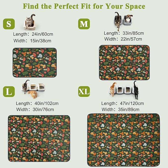 Unicorn Catcher 33X22in Cat Litter Mat Machine Washable Soft 3D Air Mesh Litter Box Rug Non-Slip Backing Quick Dry Scatter Control for Paws,Green Mushrooms