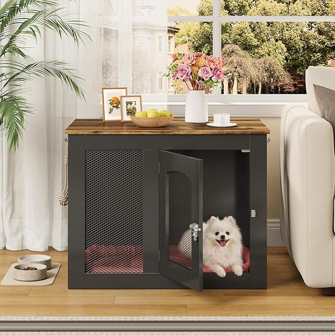 CHOEZON Wooden 30.1" Dog Crate Furniture, Farmhouse Pet Cage End Table with Secure Lock, Ventilated Mesh for Medium Dogs, Dog Kennel Furniture for Living Room, Bedroom, Black and Walnut MGW02BL