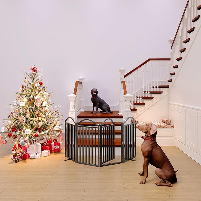 BHG Metal No-Assembly Freestanding Dog Gate with Door Walk Through, Extra Wide 80", Extra Tall 30" Pet Gate, Accordion Puppy Folding Playpen Dog Fence for Indoor & Outdoor, with 2PCS Support
