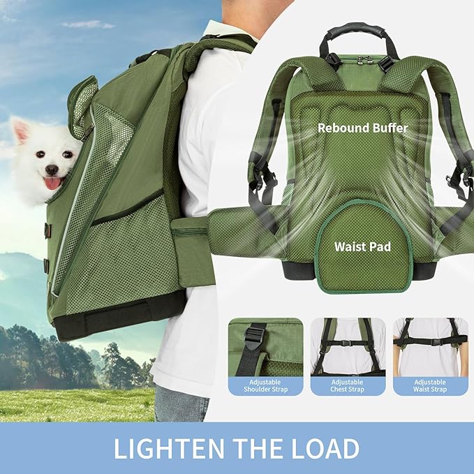 Petsfit Pet Dog Carrier Backpack with Upgraded Weight Reduction Design, Cat Dog Backpack with Large Ventilations, Easy-Fit for Traveling Hiking Camping for Small Medium Dogs and Cat, Green
