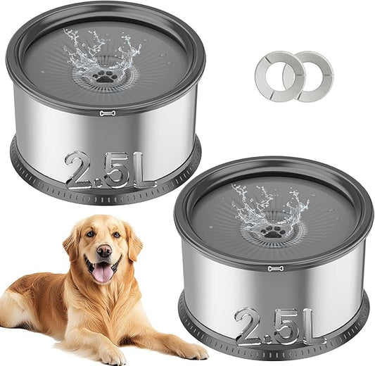 2PCS 2.5L No Spill Dog Water Bowl 84oz Stainless Steel Slow Water Bowl for Small Medium Dogs Splash Proof Pet Bowl with Anti-Slip Mat for Sloppy Messy Drinkers and Cats
