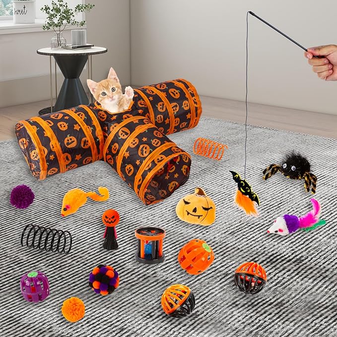 17 Pcs Halloween Cat Toys for Indoor Cats Collapsible 3 Way Cat Tunnel Interactive Feather Teaser Wand Ball Toy for Kitten Cats (17pcs-3 Way)