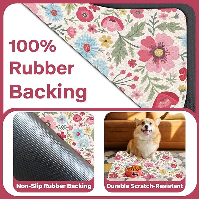 Pet Dog Cat Food Mat, Absorbent Quick Dry Dog Bowl Mats for Food and Water, Non Slip Boho Floral Dogs Cat Placemats Feeding Mat for Floors Indoor Puppy Pet Accessories Supplies 16 * 24 inch