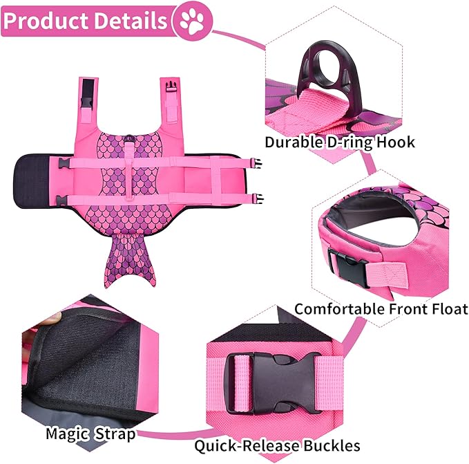 Malier Dog Life Jacket, Ripstop Dog Life Vest with High Buoyancy for Swimming Boating, High Visibility Shark Puupy Lifesaver for Small Medium Large Dogs (Pink #1, Medium)
