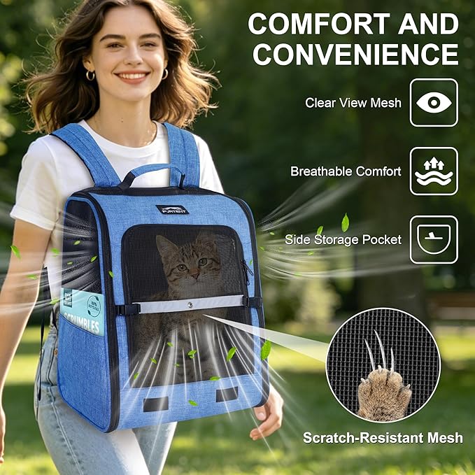 Cat Backpack Carrier with Ventilation Mesh and Safety Leash, Lightweight Dog Travel Backpack with Pockets, Reflective Strip, and Removable Mat,Hiking and Outdoor Use,Blue