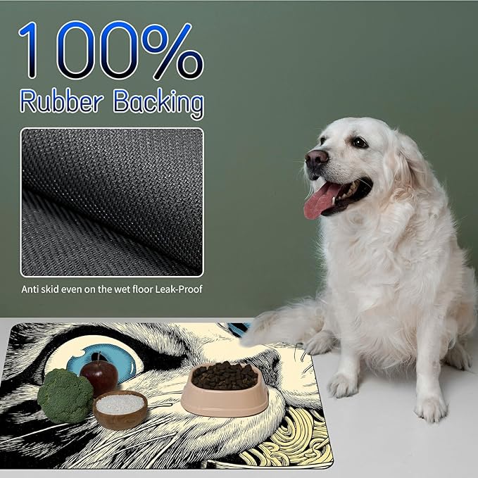 Dog Food Mat, 19.6" x 23.6" Absorbent Pet Feeding Mat for Food and Water, Waterproof Diatom Mud Pet Placemat with Non-Slip Rubber Backing, Easy Clean Cat Bowl Mat for Floors - Noodle Cat