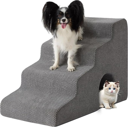 Dog Stairs for Bed 19.5’’ H, 4-Step Dog Steps for High Bed, Pet Stairs for Small Dogs and Cats to Get on Beds, Couch, Non-Slip Balanced Pet Steps and Ramp with Waterproof Cover and Tunnel, Grey