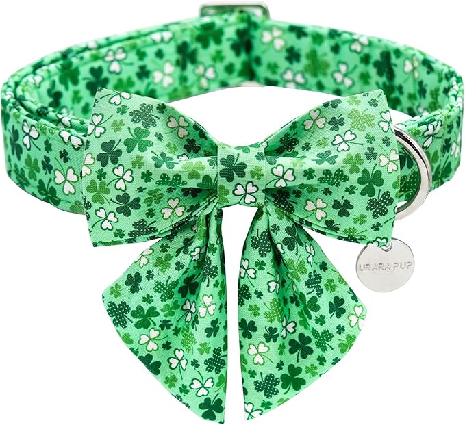 St. Patrick's Dog Collar with Bow Tie, Cotton St. Patricks Bowtie Collar for Puppy Girl Boy Dog or Cat, Lucky Shamrock Dog Collar with Metal Buckle, Green, Spring, XS