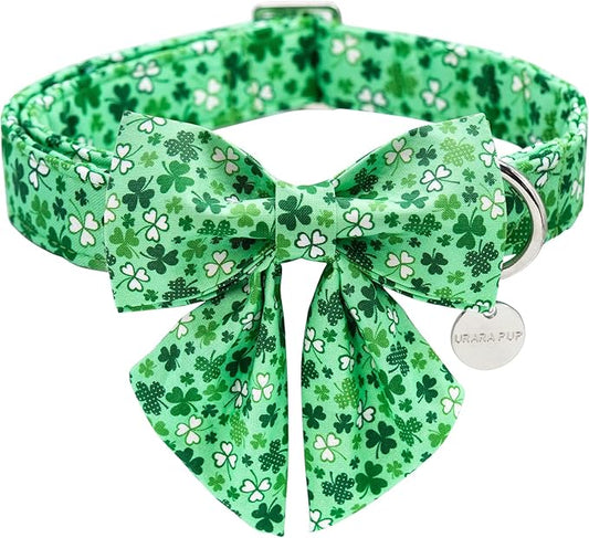 St. Patrick's Dog Collar with Bow Tie, Cotton St. Patrick's Bowtie Collar for Medium Girl Boy Dog, Lucky Shamrock Dog Collar with Metal Buckle, Green, Spring, M