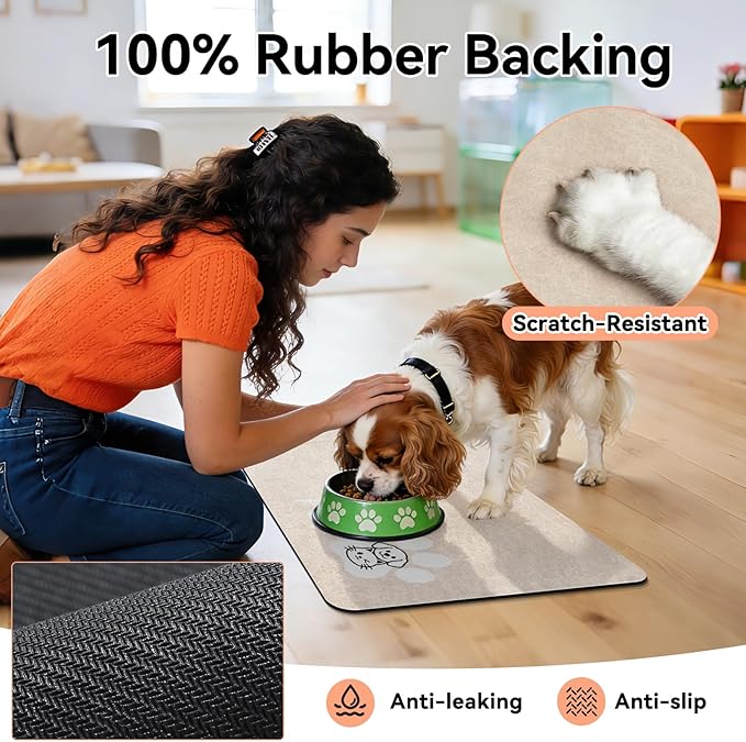 Dog Cat Feeding Mat-Absorbent Pet Bowl Mat for Food and Water, Quick Dry Water Dispenser Mat for Floors with Waterproof Rubber Backing, Puppy Cat Placemat Mats for Messy Drinkers,16"x24",Taupe