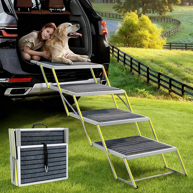 Dog Stairs for Large Dogs - Reflective 20" Wide Dog Car Ramp, 4-Step Aluminum Stairs with Non-Slip Carpet - Foldable Design for Trucks/SUVs/Beds - Heavy Duty 200Lbs Capacity for Large Breeds