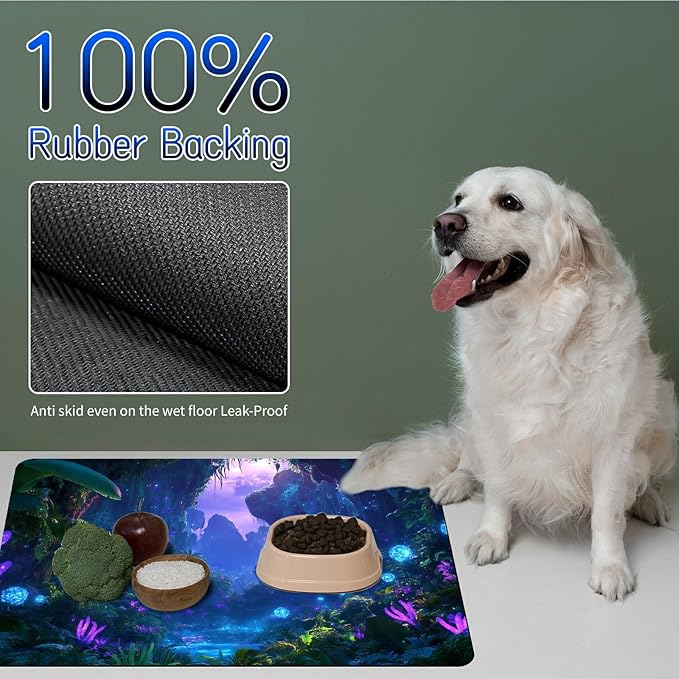 Dog Food Mat, 15.7" x 23.6" Absorbent Pet Feeding Mat for Food and Water, Waterproof Diatom Mud Pet Placemat with Non-Slip Rubber Backing, Easy Clean Cat Bowl Mat for Floors - Purple Forest
