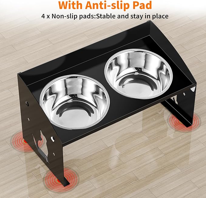 Elevated Cat Bowls with Splash Proof, 12°Tilted No Spill Raised Cat Food Water Bowls Set, Stainless Steel Pets Dishes with Adjustable Cute Metal Stand for Indoor Kitten Puppy, Anti-Vomiting