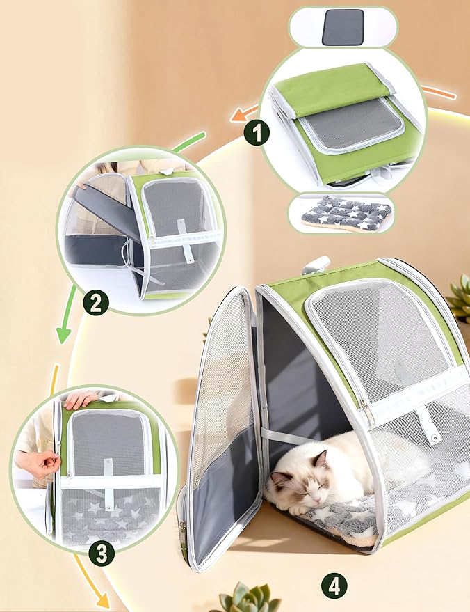 Cat Backpack Carrier with Washable Bed Mat Breathable Cat Carrier Large Space Medium Small Dog Puppy Kitty Ventilated Mesh Pet Backpack for Cats Travel Walking Outdoor Use(Green 13.8" Lx11.4 Wx16 H)