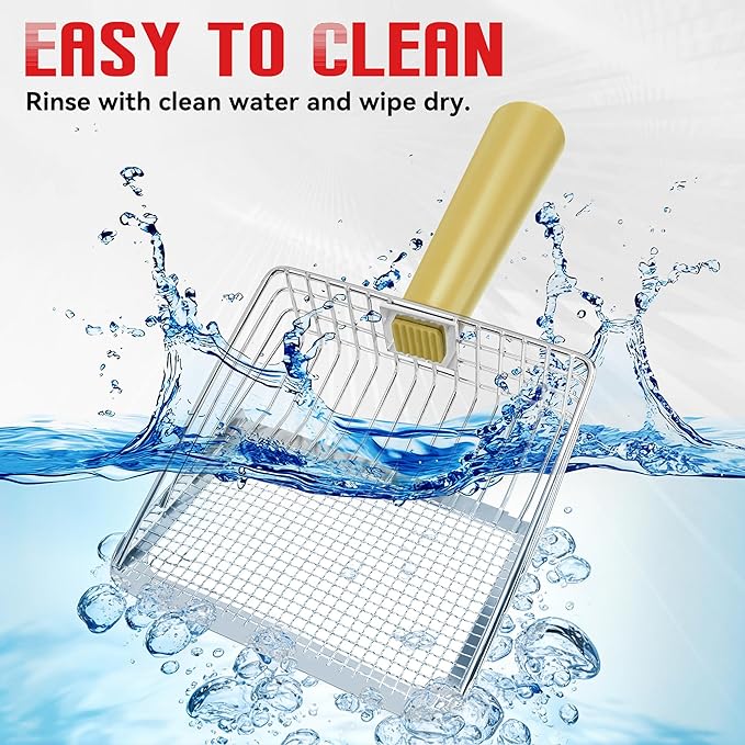 Metal Cat Litter Scoop with Holder, Heavy Duty Deep Sifter with Dual-Hole (10mm/5mm) for Pellets & Clay, Non-Stick (Yellow)