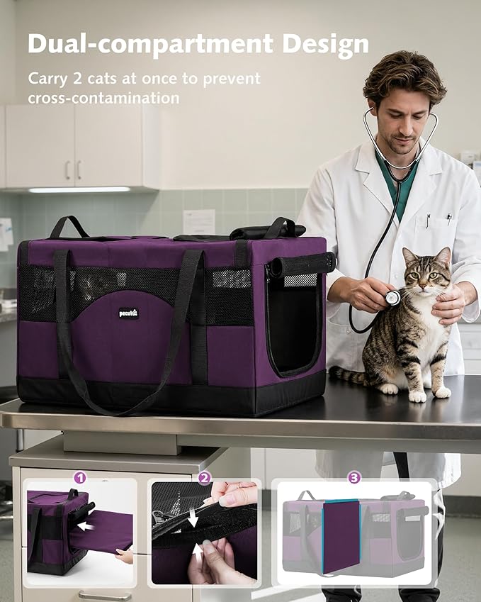 Pecute Dual Compartment Pet Carrier for Multi-Cat Families & Small Dog Owners, Collapsible Dog Crate with Reinforced Steel Frame, Car Safety Design for Travel, Vet Visits & Home Use, Purple