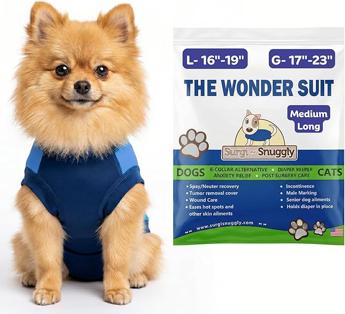 Surgi Snuggly Dog Surgery Recovery Suit – Dog Onesie for Post Surgery Recovery, Female Spay & Male Neuter – Surgical Suit for Dogs, E-Collar Cone Alternative, Double Blue - Medium Long, 16" - 19" (EC)