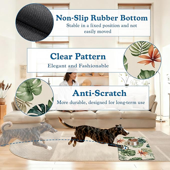 Boho Tropical Palm Pet Feeding Mat–Quick Dry Absorbent Dog Cat Food Mat, Non Slip Waterproof Bowl Placemat for Messy Eaters, Pet Accessories for Floors 12"x20"